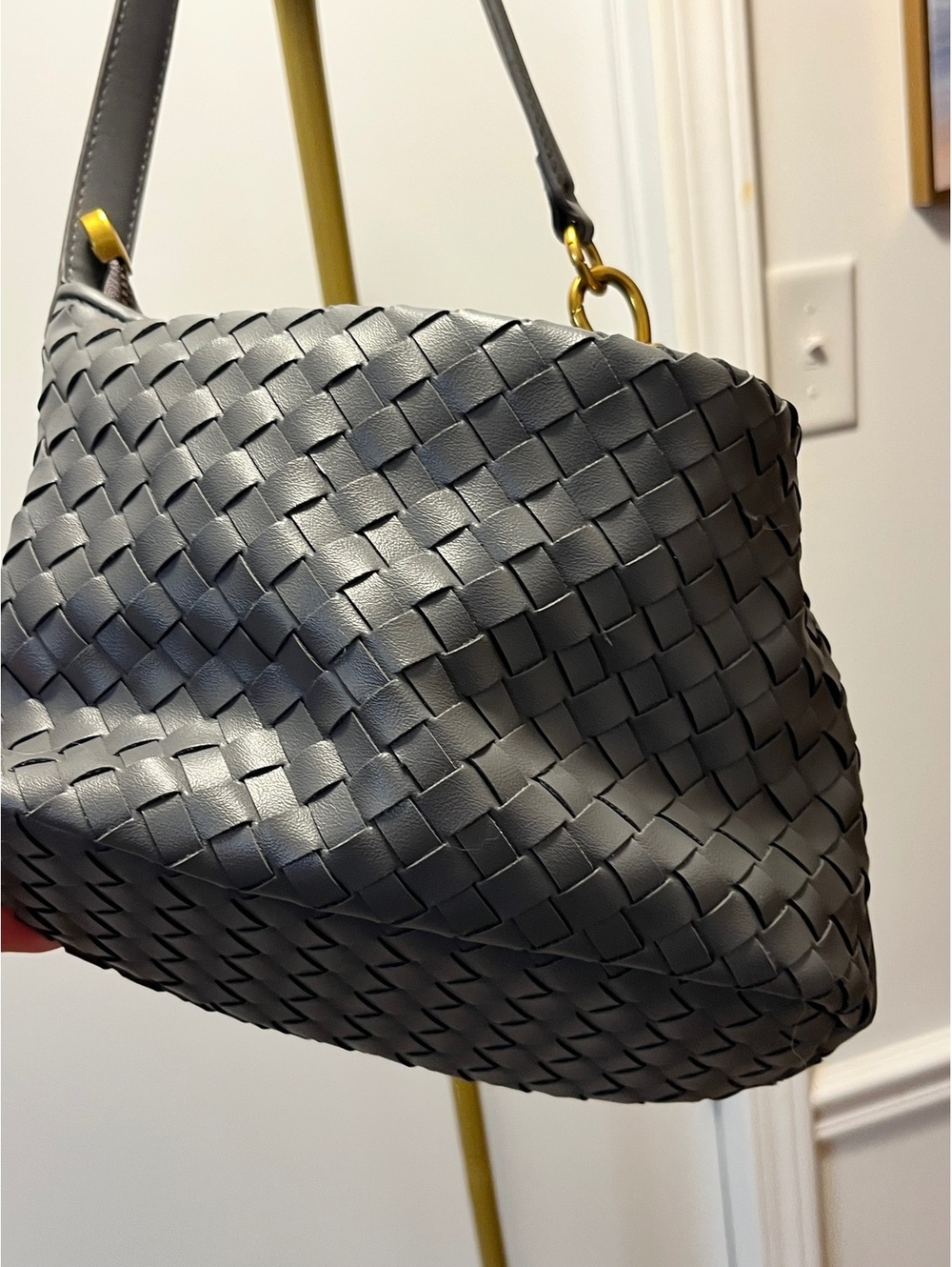 Chic Gray Woven Leather Shoulder Bag with Gold Hardware